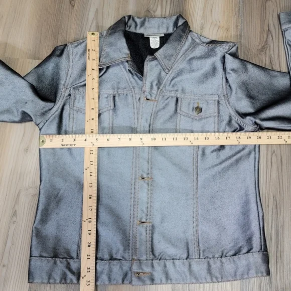 VINTAGE 80s Newport News Jeanology Denim Jean Jacket Metallic over Denim Size L - Picture 2 of 7